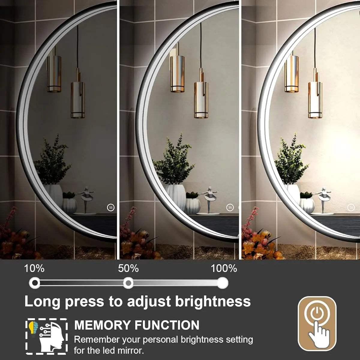 Round LED Bathroom Mirror with Lights – Dimmable Wall-Mounted Vanity Mirror, 3000K/4500K/6000K, Touch Switch, Metal Frame, Front-Lighted for Modern Bathroom Décor