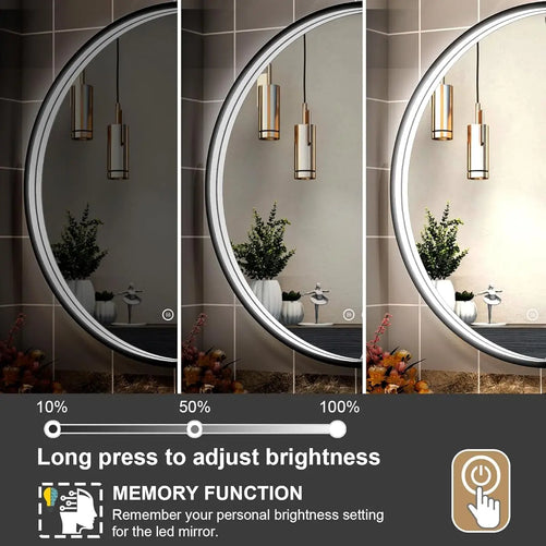 Round LED Bathroom Mirror with Lights – Dimmable Wall-Mounted Vanity Mirror, 3000K/4500K/6000K, Touch Switch, Metal Frame, Front-Lighted for Modern Bathroom Décor