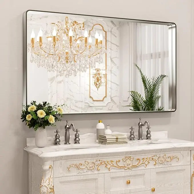 Framed Bathroom Wall Mirror with Non-Rusting Aluminum Alloy in Brushed Metal Finish – Stylish Modern Farmhouse Design for Bedroom, Living Room, or Bathroom