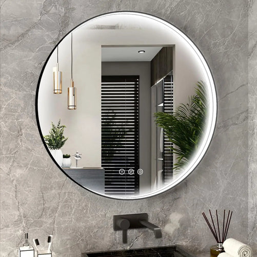 Round LED Bathroom Mirror with Lights – Dimmable Wall-Mounted Vanity Mirror, 3000K/4500K/6000K, Touch Switch, Metal Frame, Front-Lighted for Modern Bathroom Décor