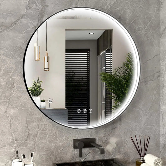Round LED Bathroom Mirror with Lights – Dimmable Wall-Mounted Vanity Mirror, 3000K/4500K/6000K, Touch Switch, Metal Frame, Front-Lighted for Modern Bathroom Décor