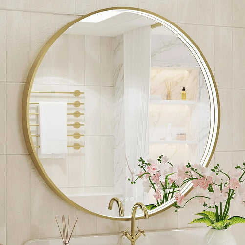 Round LED Bathroom Mirror with Lights – Dimmable Wall-Mounted Vanity Mirror, 3000K/4500K/6000K, Touch Switch, Metal Frame, Front-Lighted for Modern Bathroom Décor