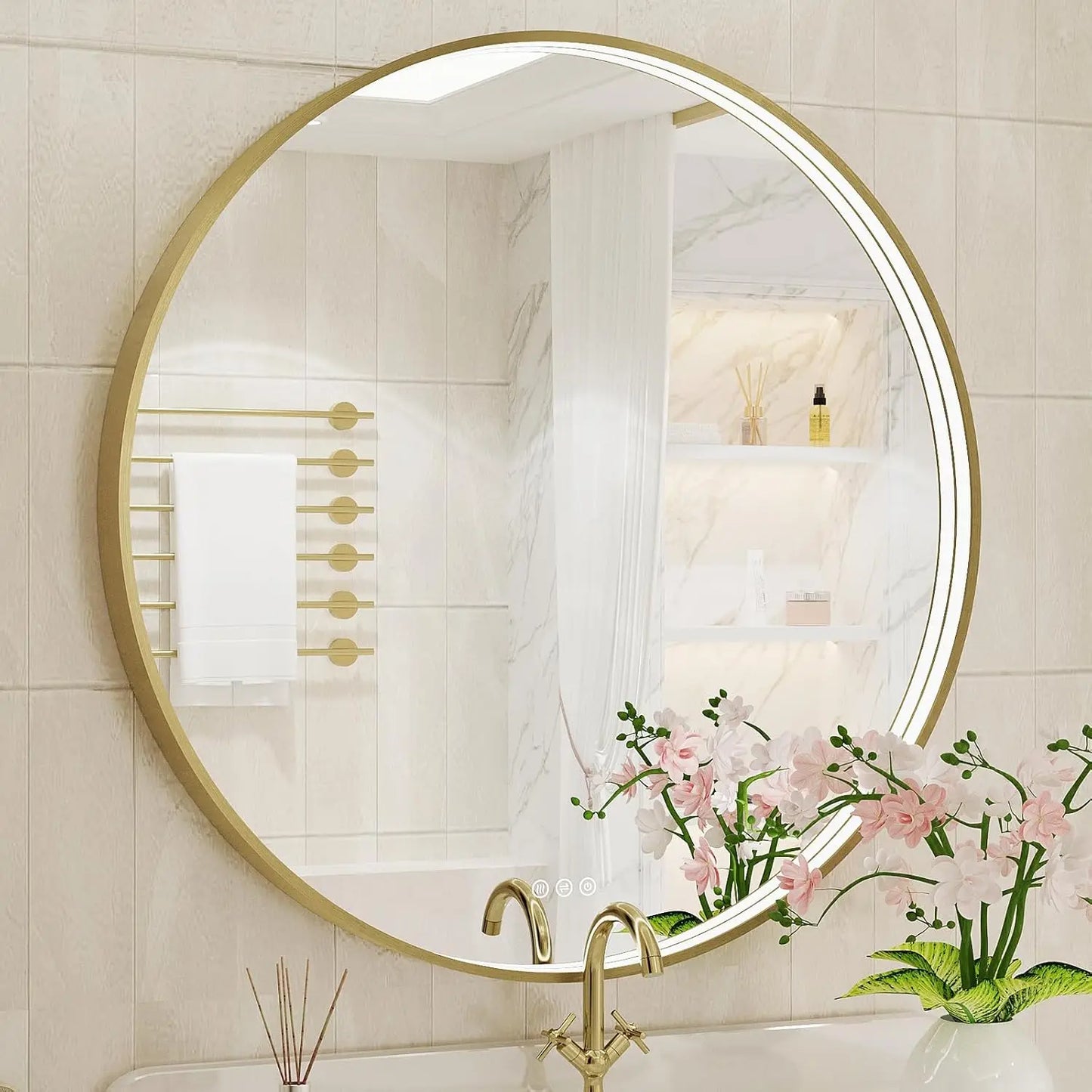 Round LED Bathroom Mirror with Lights – Dimmable Wall-Mounted Vanity Mirror, 3000K/4500K/6000K, Touch Switch, Metal Frame, Front-Lighted for Modern Bathroom Décor