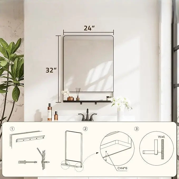 Metal Framed Vanity Mirror with Shelf – Rounded Rectangle Wall Mirror, Functional & Stylish for Bathroom, Farmhouse, Living Room, or Bedroom, Perfect Accent for Modern Home Décor