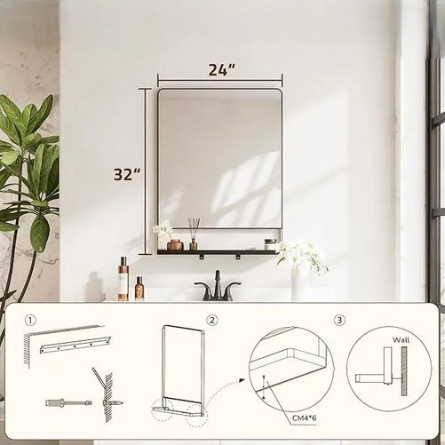Metal Framed Vanity Mirror with Shelf – Rounded Rectangle Wall Mirror, Functional & Stylish for Bathroom, Farmhouse, Living Room, or Bedroom, Perfect Accent for Modern Home Décor