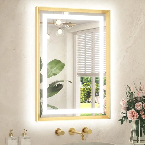 Bathroom LED Mirror with Metal Frame – Frontlit & Backlit Vanity Mirror, Anti-Fog, Stepless Dimmable, 3 Color Temperatures (White/Warm/Natural), Wall-Mounted