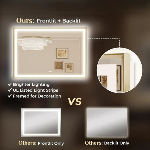 Bathroom LED Mirror with Metal Frame – Frontlit & Backlit Vanity Mirror, Anti-Fog, Stepless Dimmable, 3 Color Temperatures (White/Warm/Natural), Wall-Mounted