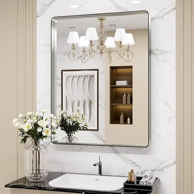 Framed Bathroom Wall Mirror with Non-Rusting Aluminum Alloy in Brushed Metal Finish – Stylish Modern Farmhouse Design for Bedroom, Living Room, or Bathroom