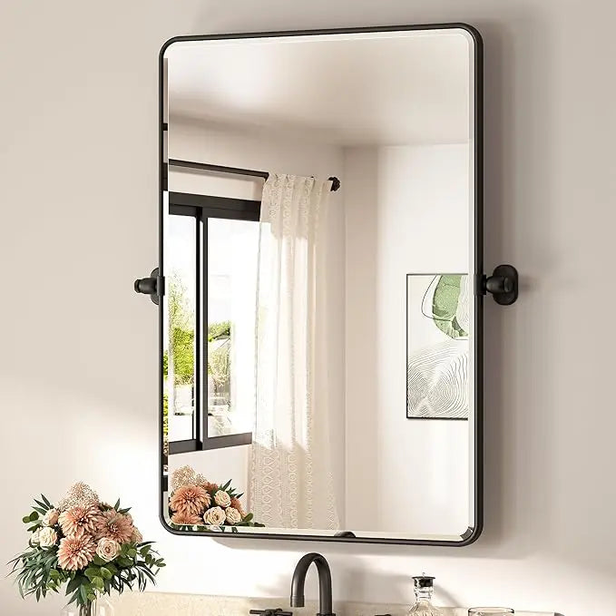 Pivot Rectangle Metal Framed Vanity Mirror – Modern Farmhouse Adjustable Tilting, Beveled Rounded Corner, Rectangular Wall Mirror, Horizontal/Vertical Mount for Bathroom