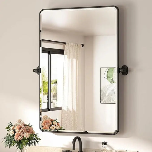 Pivot Rectangle Metal Framed Vanity Mirror – Modern Farmhouse Adjustable Tilting, Beveled Rounded Corner, Rectangular Wall Mirror, Horizontal/Vertical Mount for Bathroom