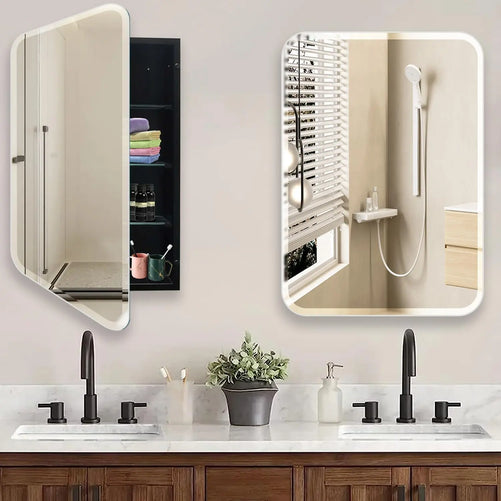 Frameless Bathroom Medicine Cabinet with Mirror - Rectangular Beveled Vanity Mirrors with Tilting Function, with Surface or Recessed Mounting Installation