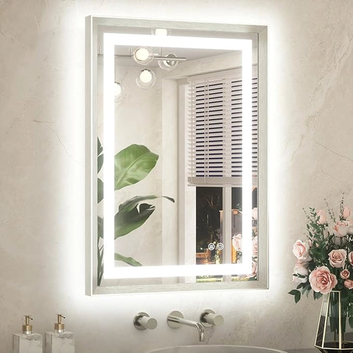 Bathroom LED Mirror with Metal Frame – Frontlit & Backlit Vanity Mirror, Anti-Fog, Stepless Dimmable, 3 Color Temperatures (White/Warm/Natural), Wall-Mounted