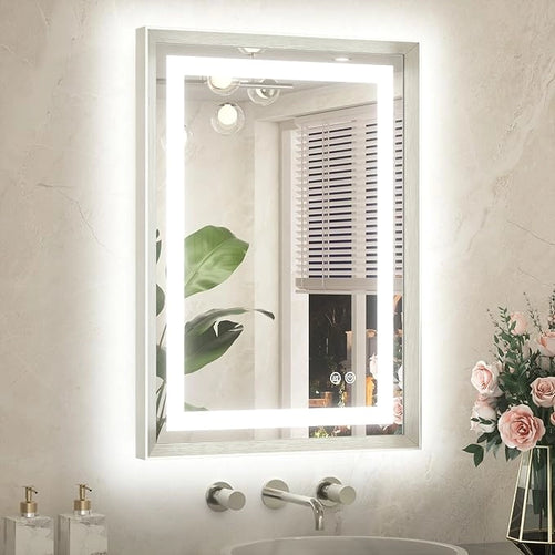 Bathroom LED Mirror with Metal Frame – Frontlit & Backlit Vanity Mirror, Anti-Fog, Stepless Dimmable, 3 Color Temperatures (White/Warm/Natural), Wall-Mounted