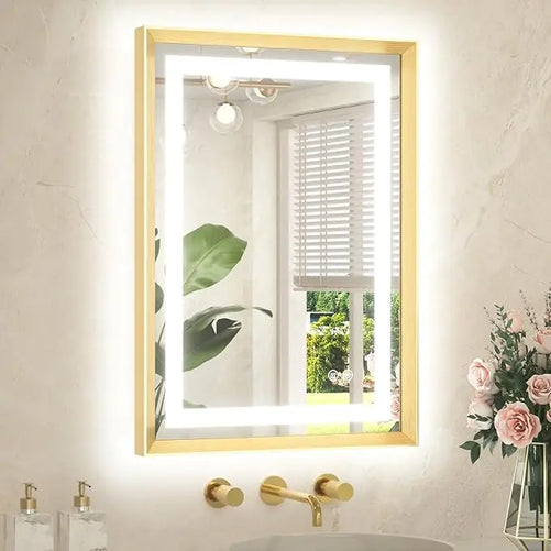 Bathroom LED Mirror with Metal Frame – Frontlit & Backlit Vanity Mirror, Anti-Fog, Stepless Dimmable, 3 Color Temperatures (White/Warm/Natural), Wall-Mounted