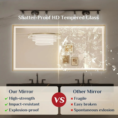 Bathroom LED Mirror with Metal Frame – Frontlit & Backlit Vanity Mirror, Anti-Fog, Stepless Dimmable, 3 Color Temperatures (White/Warm/Natural), Wall-Mounted