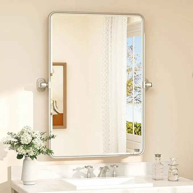 Pivot Rectangle Metal Framed Vanity Mirror – Modern Farmhouse Adjustable Tilting, Beveled Rounded Corner, Rectangular Wall Mirror, Horizontal/Vertical Mount for Bathroom