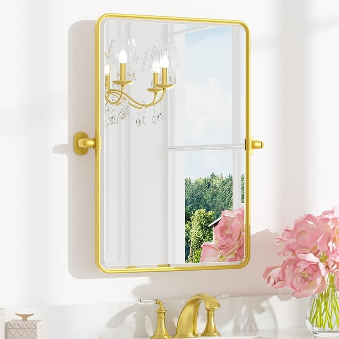 Pivot Rectangle Metal Framed Vanity Mirror – Modern Farmhouse Adjustable Tilting, Beveled Rounded Corner, Rectangular Wall Mirror, Horizontal/Vertical Mount for Bathroom