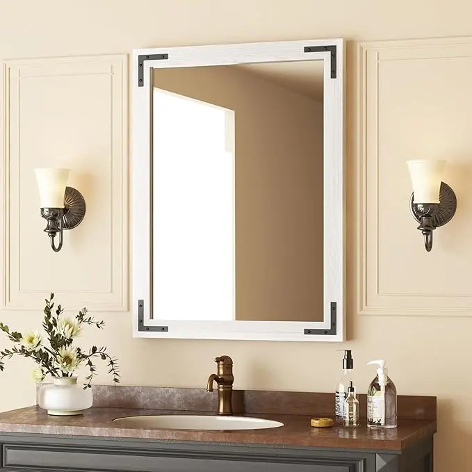 Wood Frame Bathroom Vanity Mirror for Wall – Farmhouse Vanity Mirror for Over Sink, Horizontal/Vertical Mount, Decorative Wooden Mirror for Bathroom, Living Room, Bedroom, Entryway