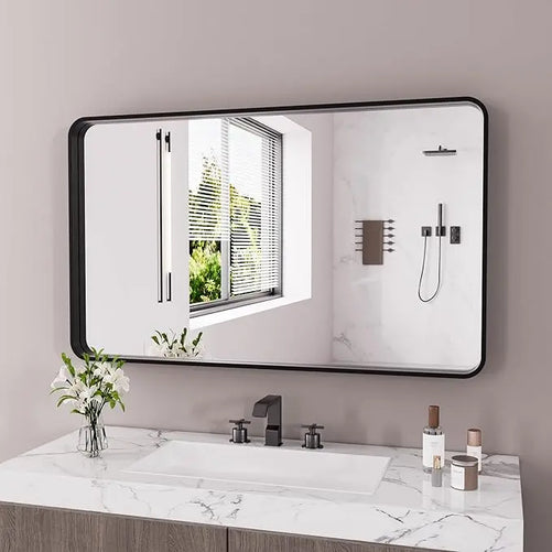 Aluminum Framed Bathroom Vanity Mirror – HD Tempered Glass Wall-Mounted Design, Ideal for Over-the-Sink Use, Supports Horizontal/Vertical Installation for Modern Décor