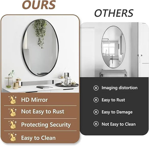 Modern Bathroom Oval Mirror with Non-Rusting Aluminum Frame – Wall-Mounted Vanity Mirror for Farmhouse or Minimalist Décor, Suitable for Vertical or Horizontal Installation