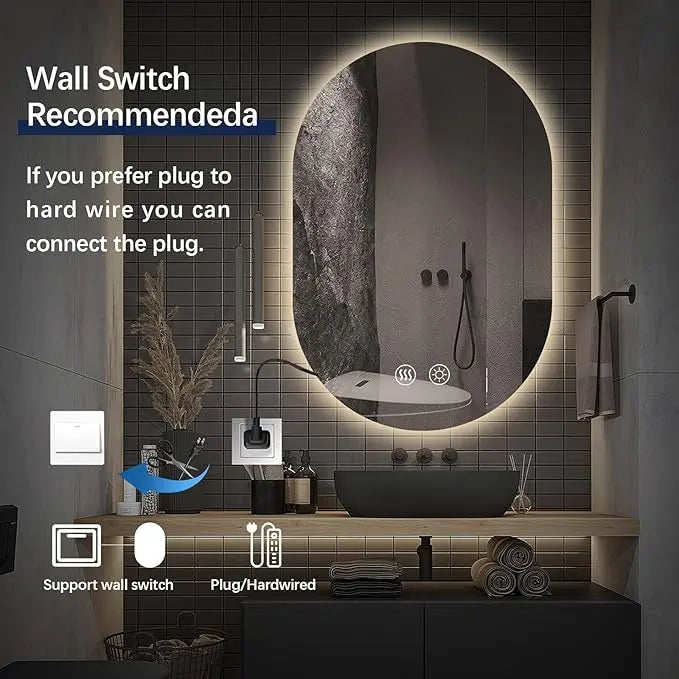 Oval LED Bathroom Vanity Mirror – Wall-Mounted Lighted Mirror with Anti-Fog, Dimmable Brightness, Touch Sensor, Long Design for Makeup, Usable Horizontally or Vertically