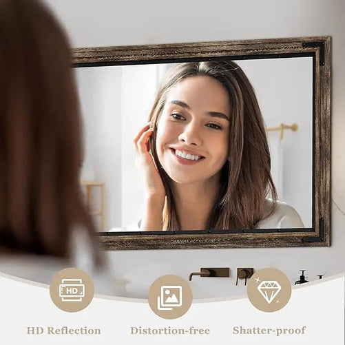 Wood Frame Bathroom Vanity Mirror for Wall – Farmhouse Vanity Mirror for Over Sink, Horizontal/Vertical Mount, Decorative Wooden Mirror for Bathroom, Living Room, Bedroom, Entryway