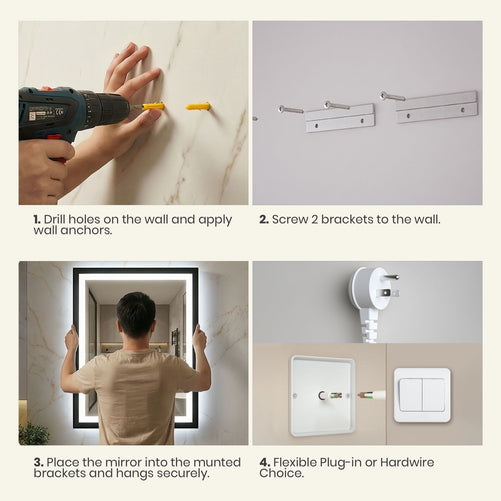 Sleek LED Vanity Mirror – Beveled Edge, 3-Color Dimming, Anti-Fog