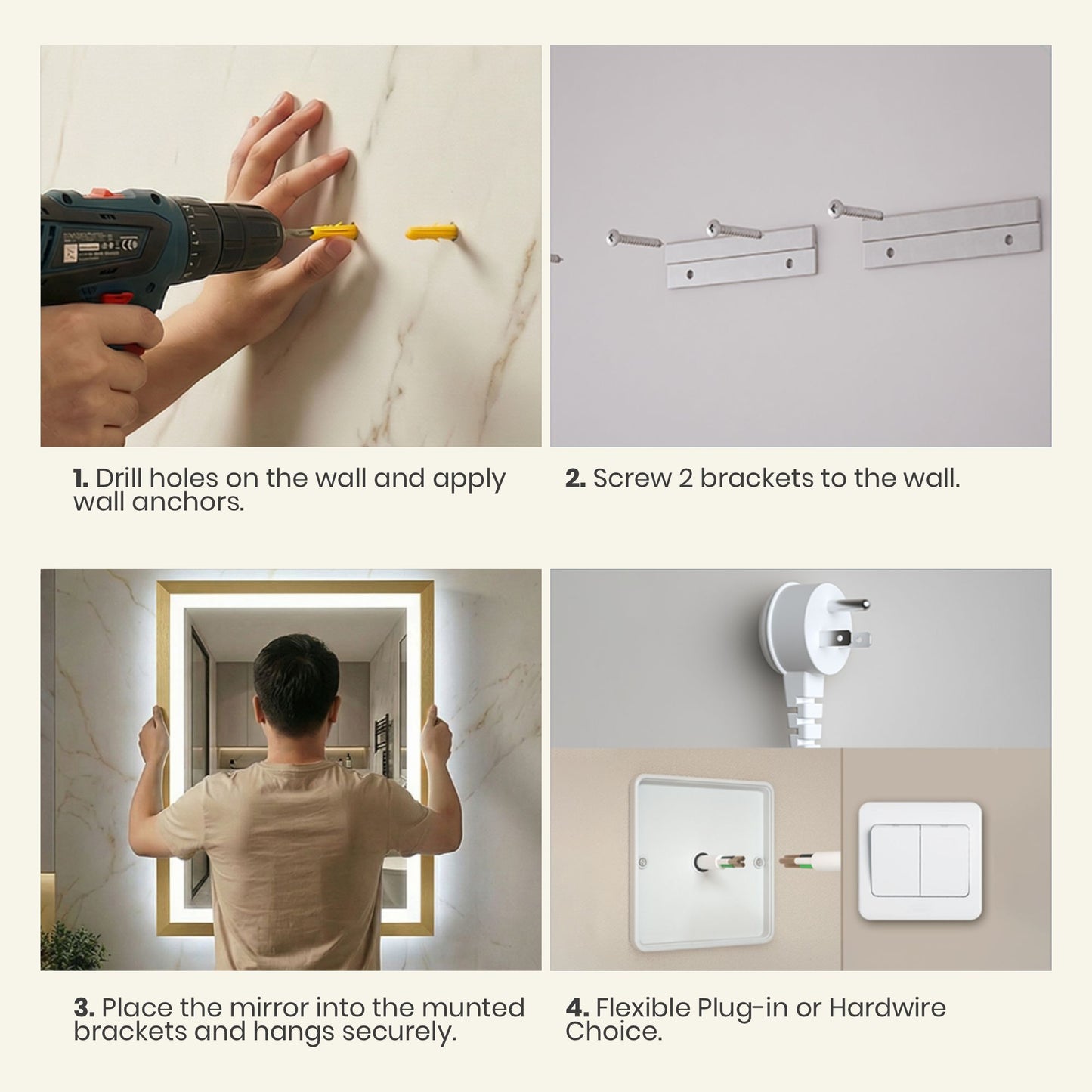 Sleek LED Vanity Mirror – Beveled Edge, 3-Color Dimming, Anti-Fog