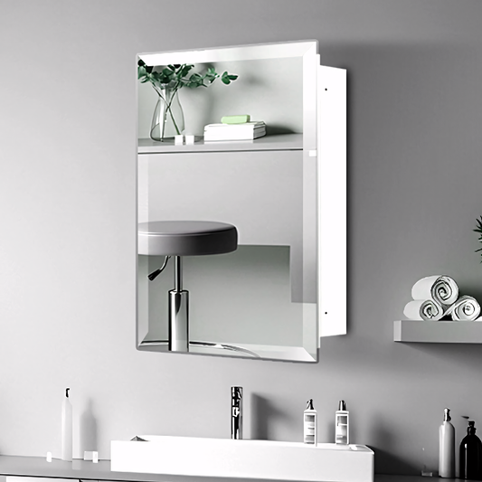 Bathroom or Vanity Medicine Cabinet with Single Door – Frameless Beveled Mirror, Rectangular Wall-Mounted Cabinet for Bathroom, Toilet, or Kitchen, Recessed/Surface Mount