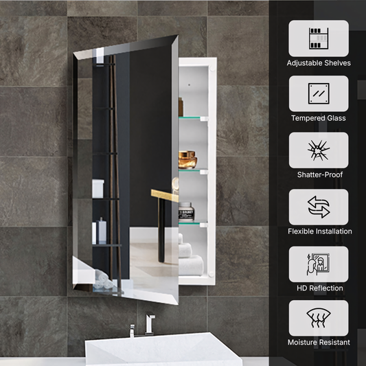 Bathroom or Vanity Medicine Cabinet with Single Door – Frameless Beveled Mirror, Rectangular Wall-Mounted Cabinet for Bathroom, Toilet, or Kitchen, Recessed/Surface Mount