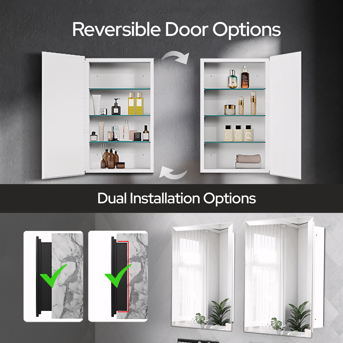 Bathroom or Vanity Medicine Cabinet with Single Door – Frameless Beveled Mirror, Rectangular Wall-Mounted Cabinet for Bathroom, Toilet, or Kitchen, Recessed/Surface Mount
