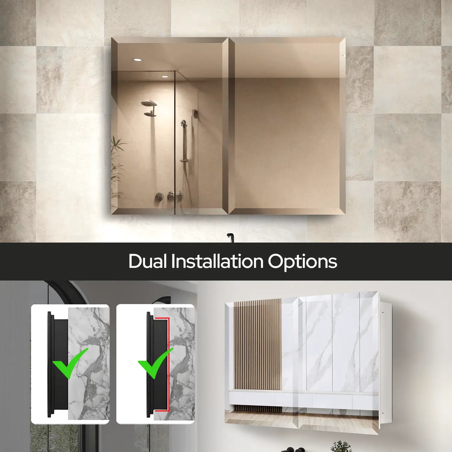 14x24 Frameless Beveled Mirror Medicine Cabinet – Wall-Mounted