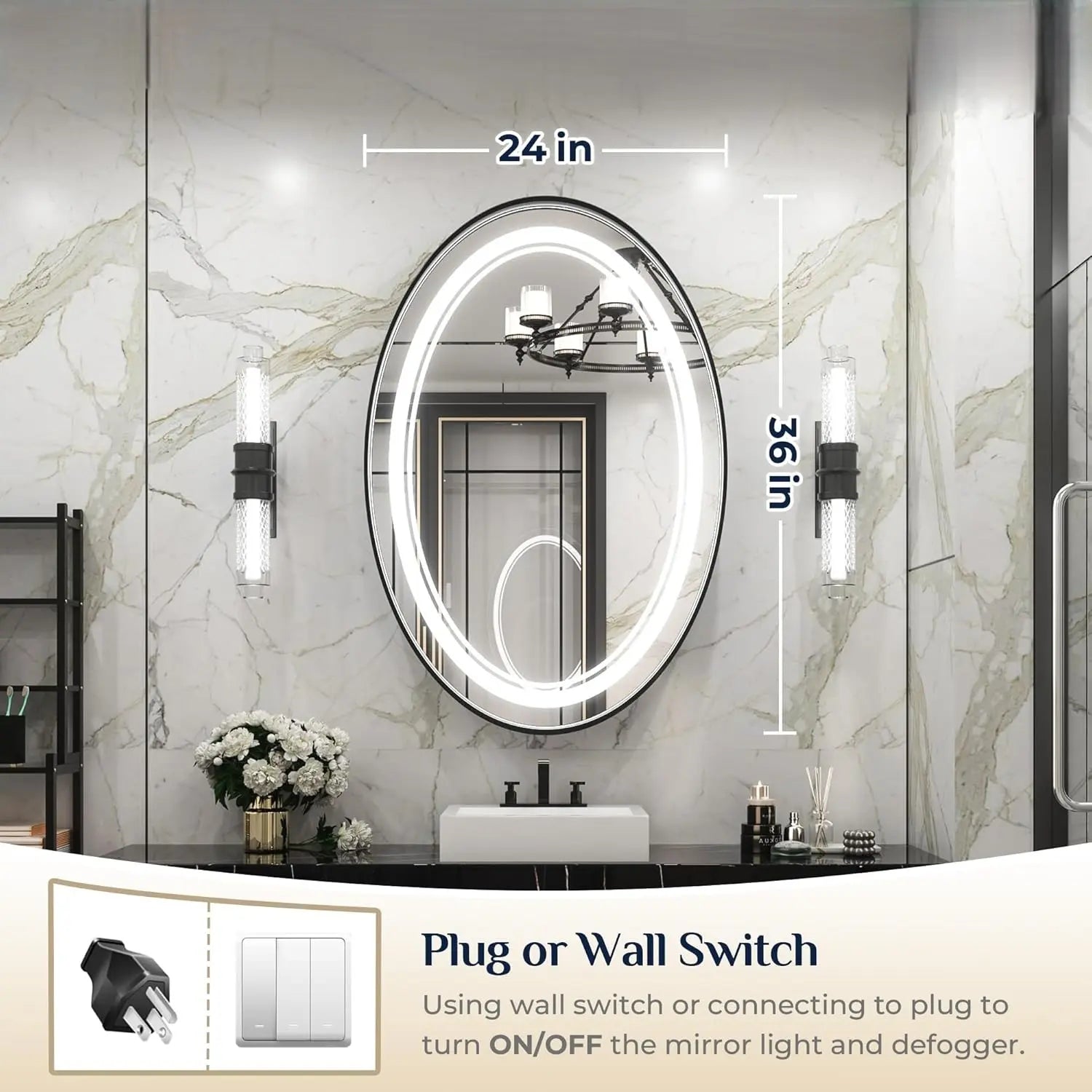 Dimmable LED Oval Mirror – Framed Frontlit Vanity Mirror for Bathroom, Bedroom, Living Room with 3 Color Options, CRI 90+, Wall-Mounted Illuminated Lighted Mirror for Modern