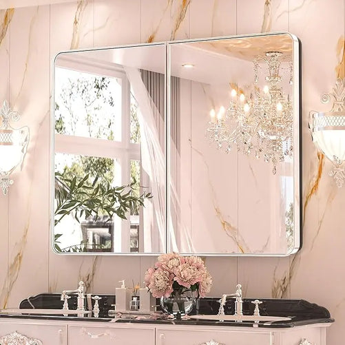 Bathroom Vanity Medicine Cabinet with Mirror – Small Brushed Brass, Stainless Steel Frame, Rounded Rectangle, Adjustable Shelves, Recessed or Surface Mount for Modern Storage