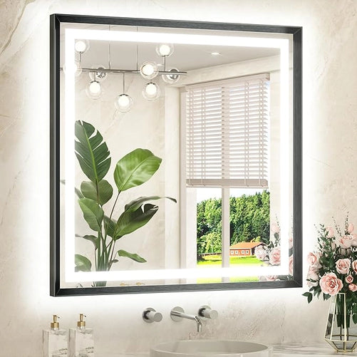 Bathroom LED Mirror with Metal Frame – Frontlit & Backlit Vanity Mirror, Anti-Fog, Stepless Dimmable, 3 Color Temperatures (White/Warm/Natural), Wall-Mounted