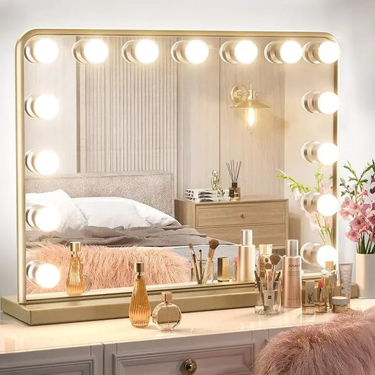 Vanity Mirror with Lights – 15 USB Dimmable Bulbs, 3-Color Modes, Charging Port, Metal Frame, Wooden Base, Hollywood Style Lighted Makeup Mirror with Touch Control