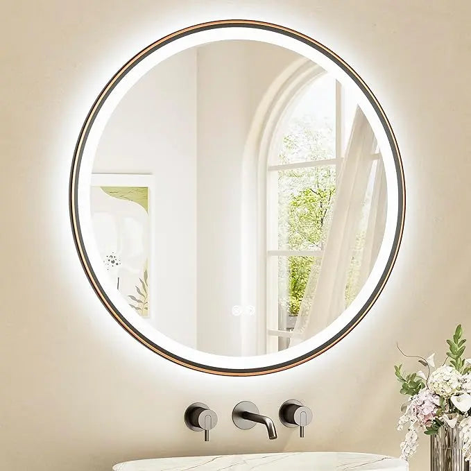 Round LED Mirror with Lights – Metal-Framed Circle Vanity Mirror, Dual Front & Backlit, 3-Color Stepless Dimmable, Anti-Fog, CRI 90+, Shatterproof Glass, Wall-Mounted for Stylish Décor