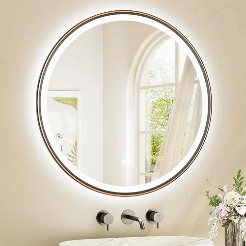 Round LED Mirror with Lights – Metal-Framed Circle Vanity Mirror, Dual Front & Backlit, 3-Color Stepless Dimmable, Anti-Fog, CRI 90+, Shatterproof Glass, Wall-Mounted for Stylish Décor