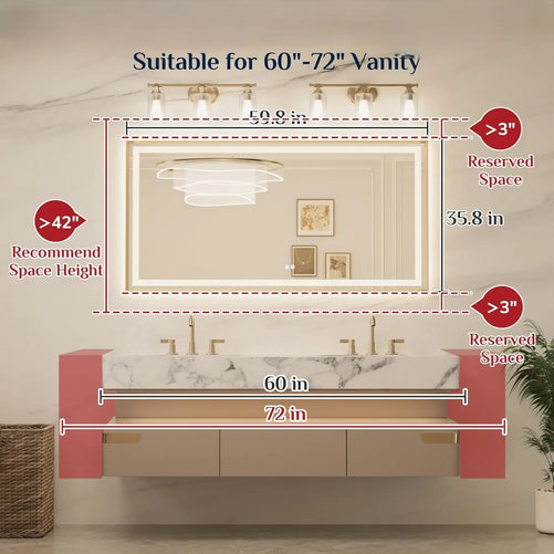 Bathroom LED Mirror with Metal Frame – Frontlit & Backlit Vanity Mirror, Anti-Fog, Stepless Dimmable, 3 Color Temperatures (White/Warm/Natural), Wall-Mounted