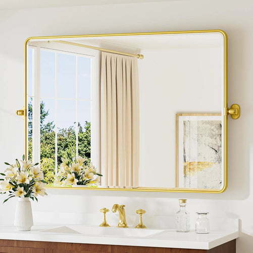 Pivot Rectangle Metal Framed Vanity Mirror – Modern Farmhouse Adjustable Tilting, Beveled Rounded Corner, Rectangular Wall Mirror, Horizontal/Vertical Mount for Bathroom
