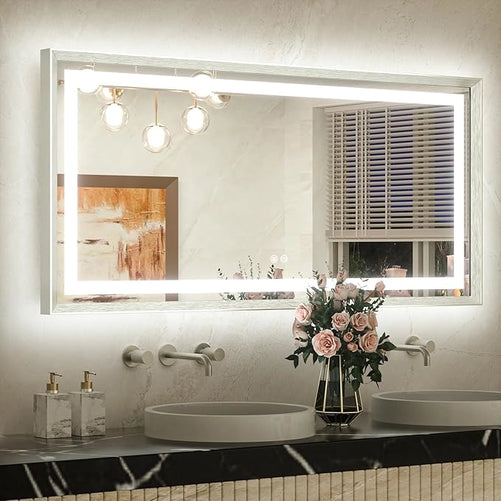 Bathroom LED Mirror with Metal Frame – Frontlit & Backlit Vanity Mirror, Anti-Fog, Stepless Dimmable, 3 Color Temperatures (White/Warm/Natural), Wall-Mounted