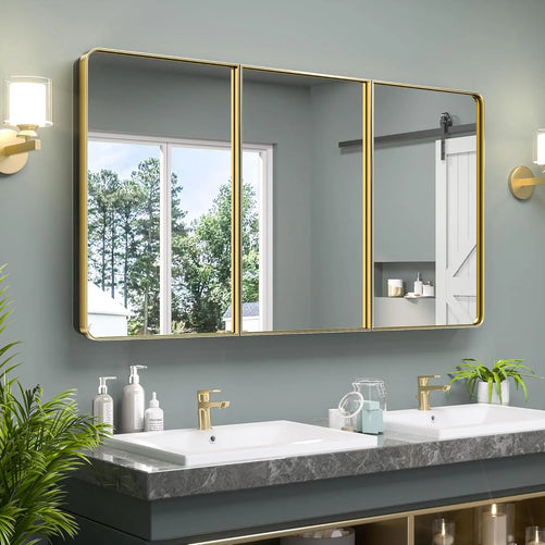 Bathroom Vanity Medicine Cabinet with Mirror – Small Brushed Brass, Stainless Steel Frame, Rounded Rectangle, Adjustable Shelves, Recessed or Surface Mount for Modern Storage