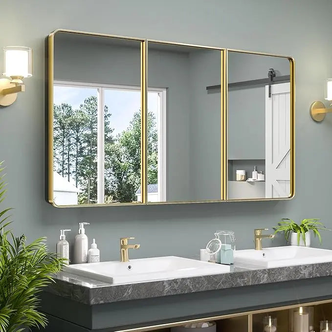 Bathroom Vanity Medicine Cabinet with Mirror – Small Brushed Brass, Stainless Steel Frame, Rounded Rectangle, Adjustable Shelves, Recessed or Surface Mount for Modern Storage