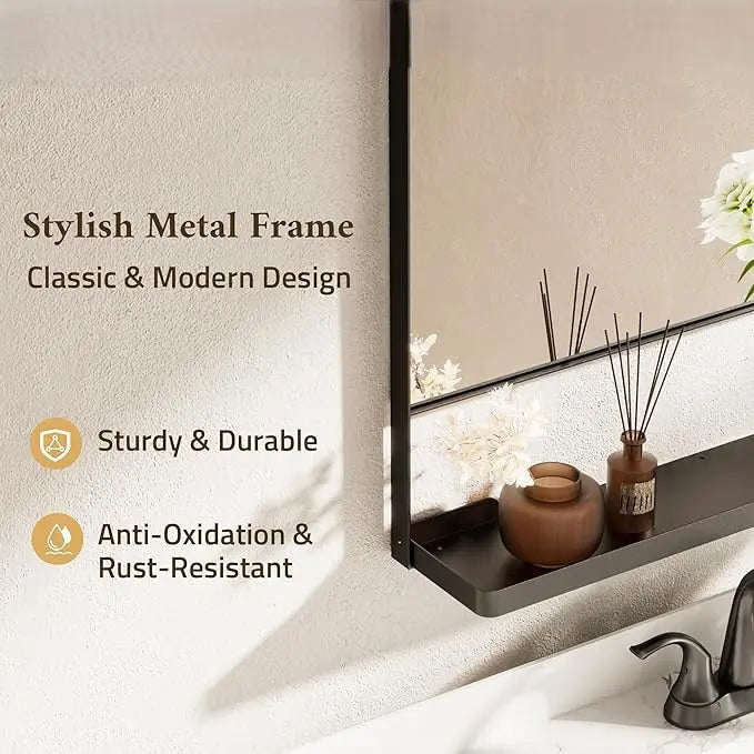 Metal Framed Vanity Mirror with Shelf – Rounded Rectangle Wall Mirror, Functional & Stylish for Bathroom, Farmhouse, Living Room, or Bedroom, Perfect Accent for Modern Home Décor