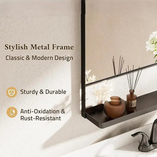 Metal Framed Vanity Mirror with Shelf – Rounded Rectangle Wall Mirror, Functional & Stylish for Bathroom, Farmhouse, Living Room, or Bedroom, Perfect Accent for Modern Home Décor