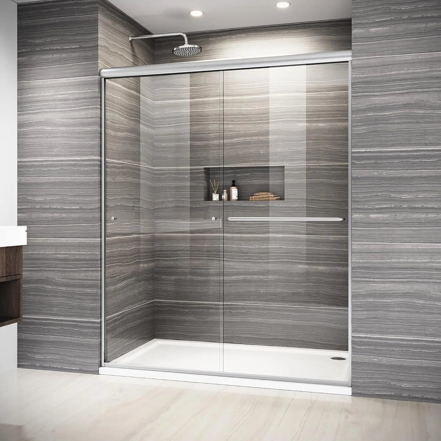 Double Sliding Semi-Frameless Glass Shower Door – Modern Bathroom Enclosure with Durable Tempered Glass, Water-Tight Seal, Easy Installation, Smooth Rollers, Adjustable Width