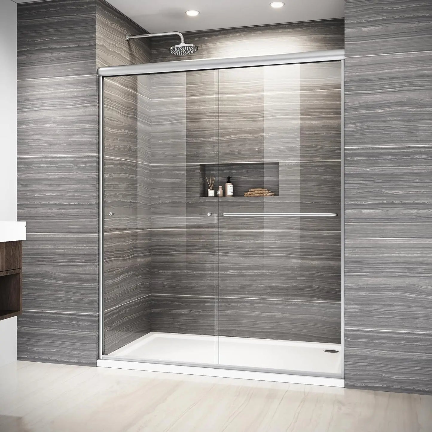 Double Sliding Semi-Frameless Glass Shower Door – Modern Bathroom Enclosure with Durable Tempered Glass, Water-Tight Seal, Easy Installation, Smooth Rollers, Adjustable Width