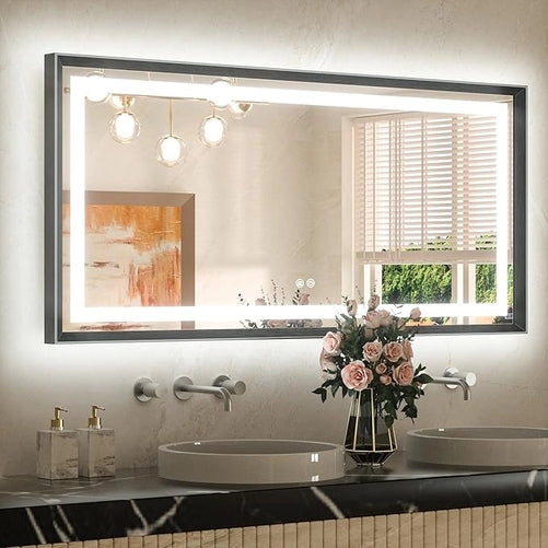Bathroom LED Mirror with Metal Frame – Frontlit & Backlit Vanity Mirror, Anti-Fog, Stepless Dimmable, 3 Color Temperatures (White/Warm/Natural), Wall-Mounted
