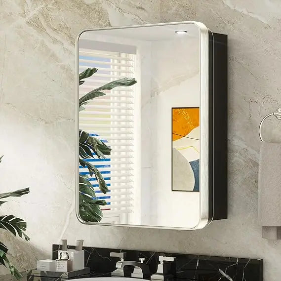 Bathroom Vanity Medicine Cabinet with Mirror – Small Brushed Brass, Stainless Steel Frame, Rounded Rectangle, Adjustable Shelves, Recessed or Surface Mount for Modern Storage