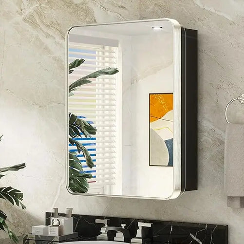 Bathroom Vanity Medicine Cabinet with Mirror – Small Brushed Brass, Stainless Steel Frame, Rounded Rectangle, Adjustable Shelves, Recessed or Surface Mount for Modern Storage